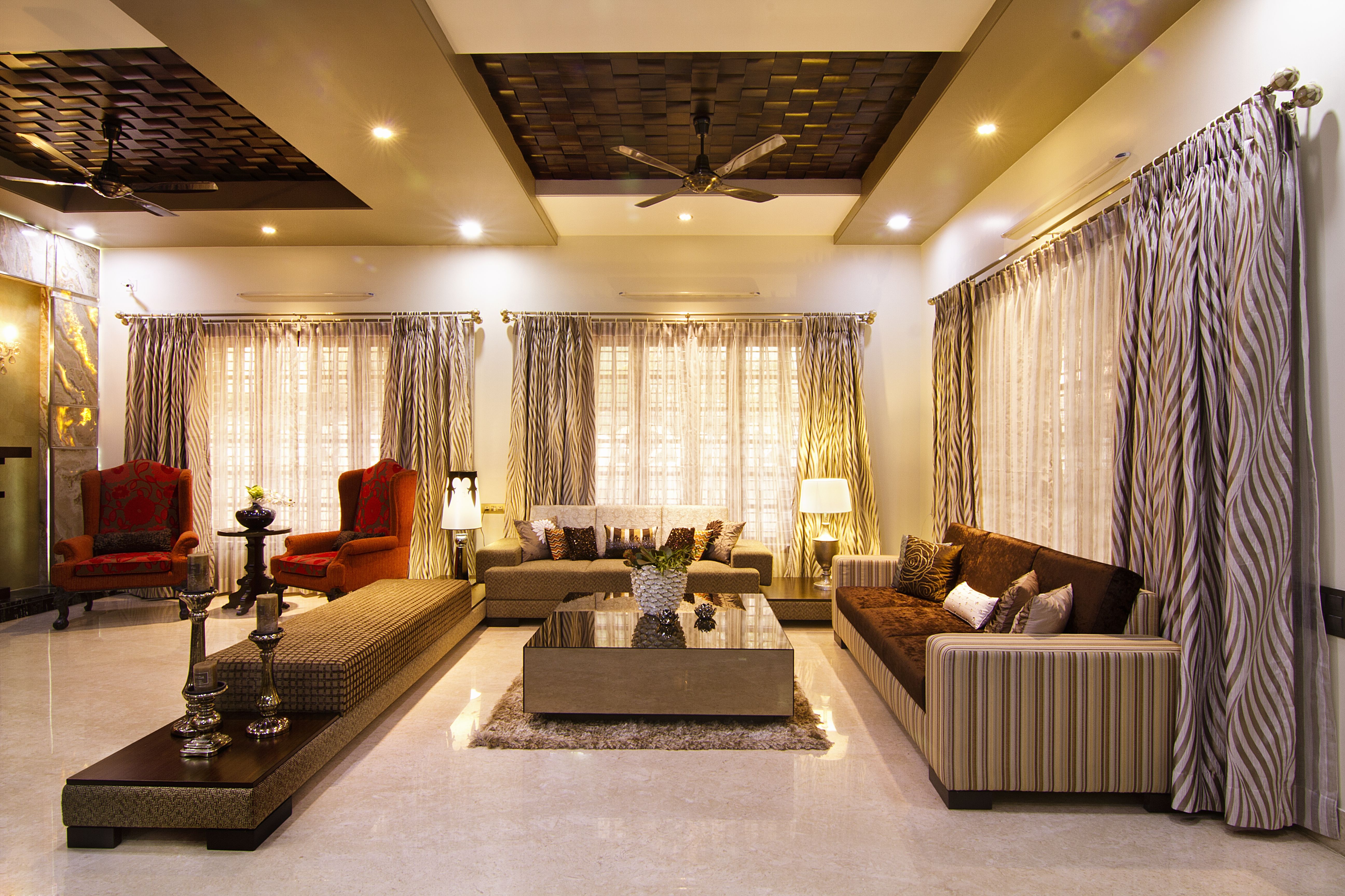 Living room false ceiling with cove lighting, Chennai home